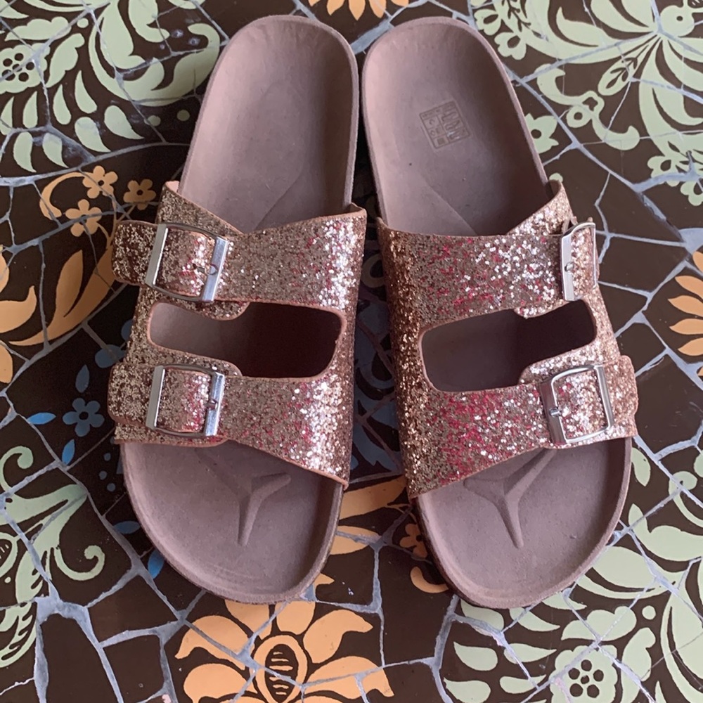 Glitter Double-Buckle Slide Sandals - Rose Gold